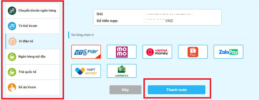 Thanh toán gói nạp game truy kích bằng 1 trong 6 phương thức thanh toán 