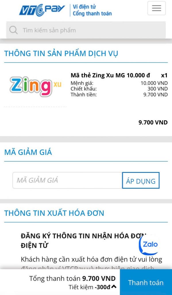 Cách mua thẻ Zing 