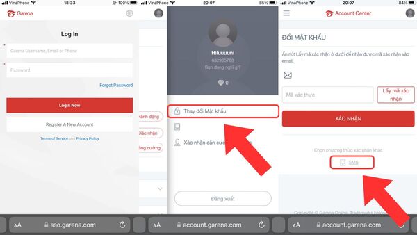 đổi mật khẩu Garena