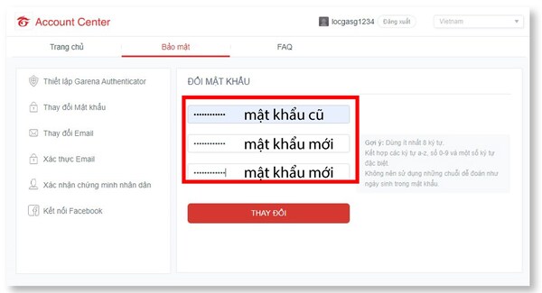 đổi mật khẩu Garena