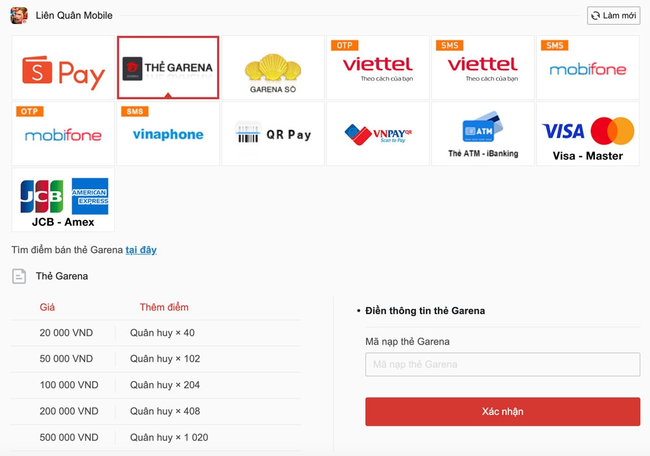 nạp quân huy garena