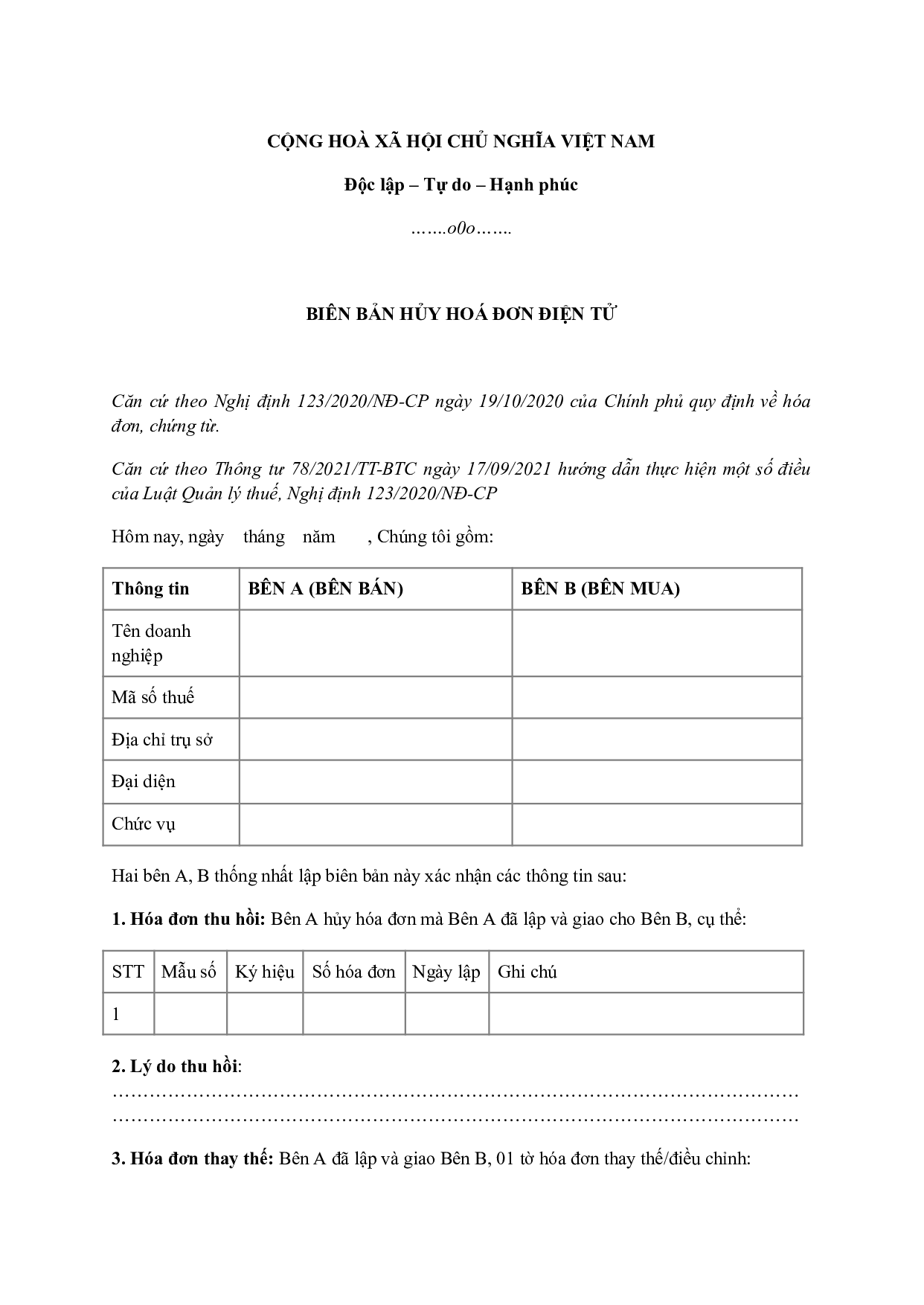 biên bản hủy hóa đơn điện tử
