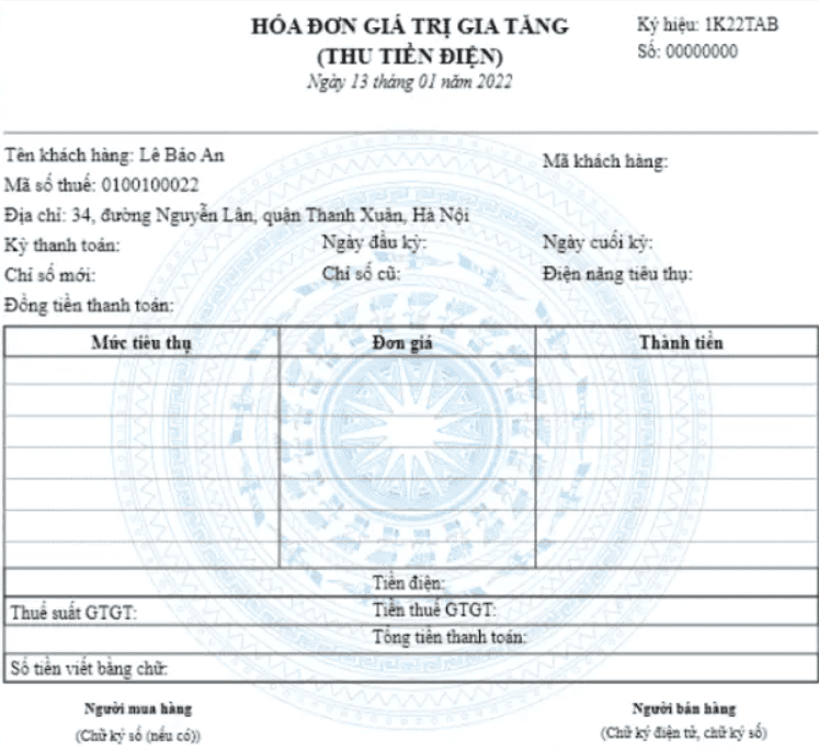 hóa đơn gtgt tiền điện