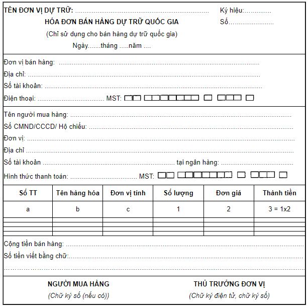 hóa đơn bán hàng điện tử dự trữ Quốc gia