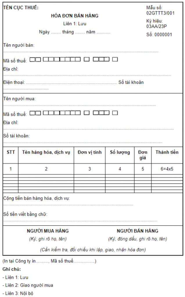 các mẫu hóa đơn điện tử thông dụng 
