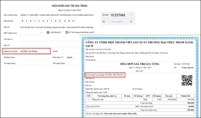 Xuất hóa đơn cho khách hàng cá nhân