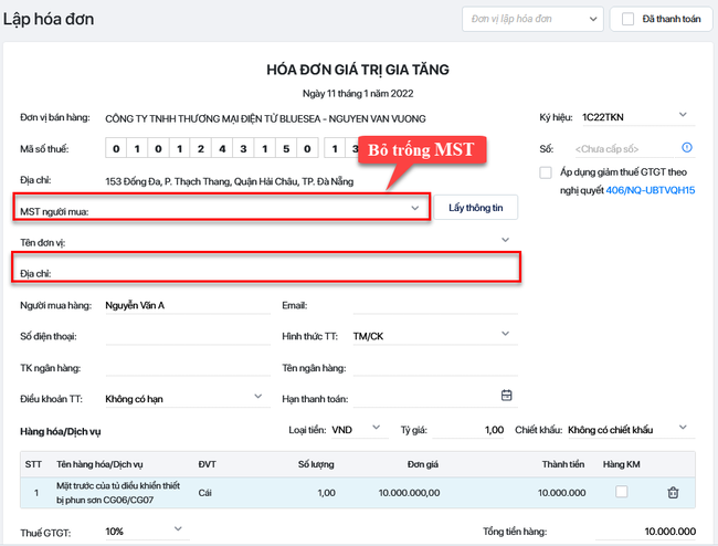 Xuất hóa đơn cho khách hàng cá nhân