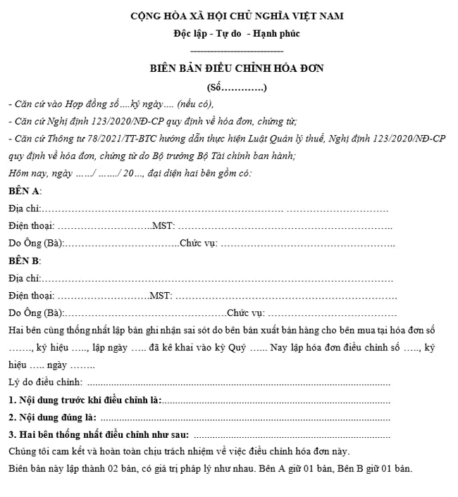điều chỉnh hóa đơn điện tử 