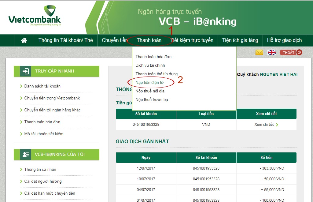 Image result for náº¡p tiá»n Äiá»n thoáº¡i qua vietcombank internet banking