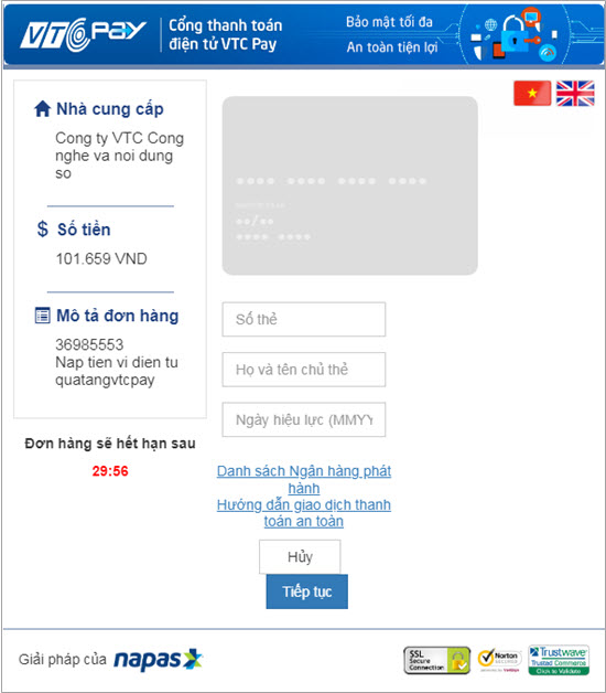 Hướng dẫn nạp tiền Ví điện tử VTC Pay qua Ngân hàng nội địa