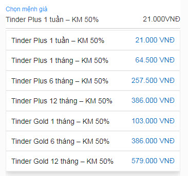 tinder gold tinder plus giảm giá 50% tại app vrc pay