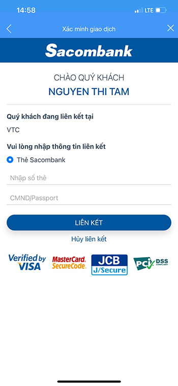 liên kết ví VTC Pay với sacombank